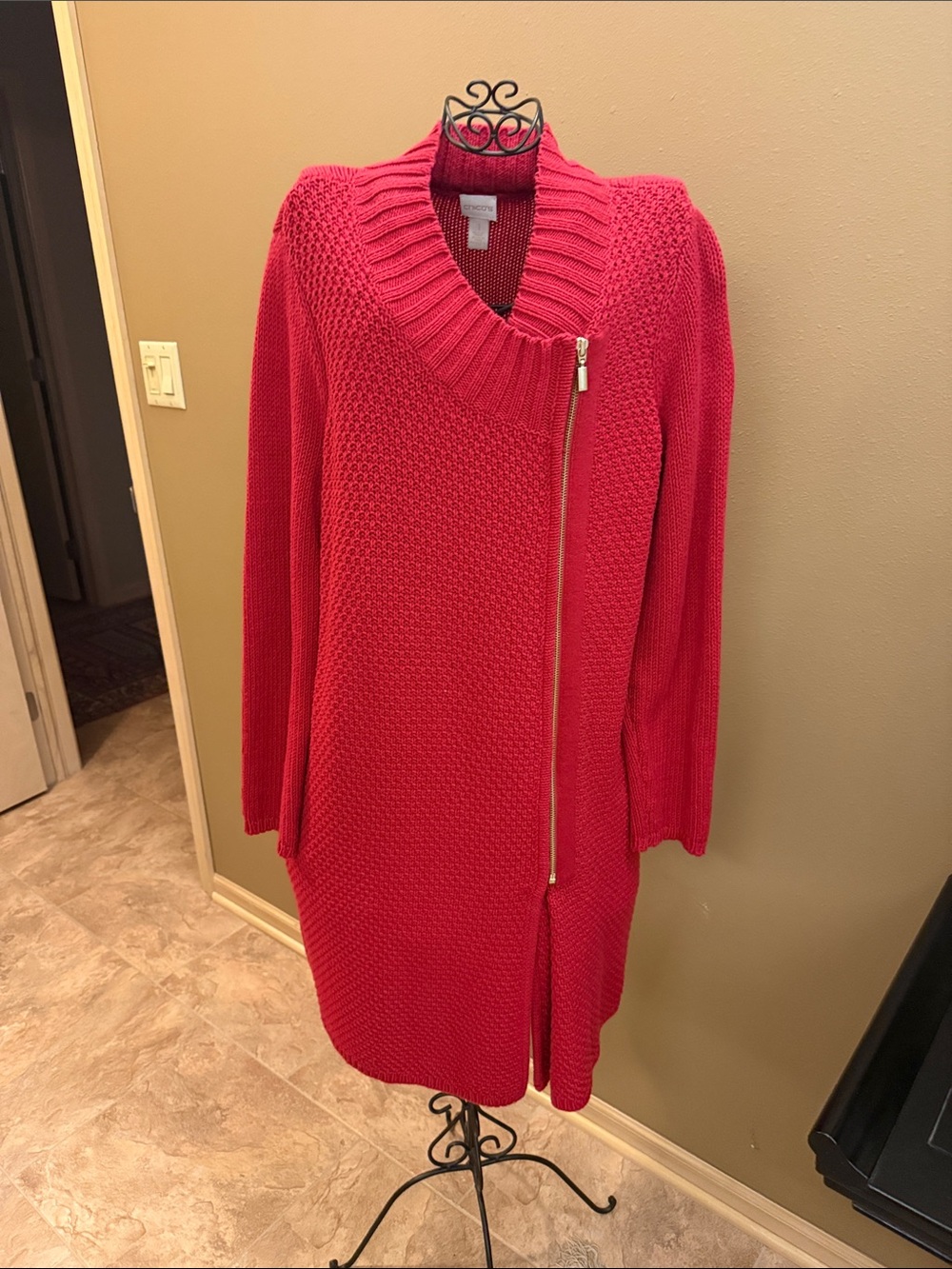 Chico's Vibrant Red Asymmetric Zip Knit Cardigan